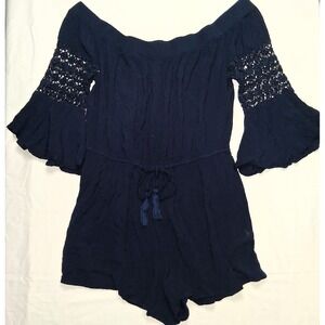 Hint of Blush‎ Romper XL Off Shoulder Bell Sleeve Crochet Navy Blue